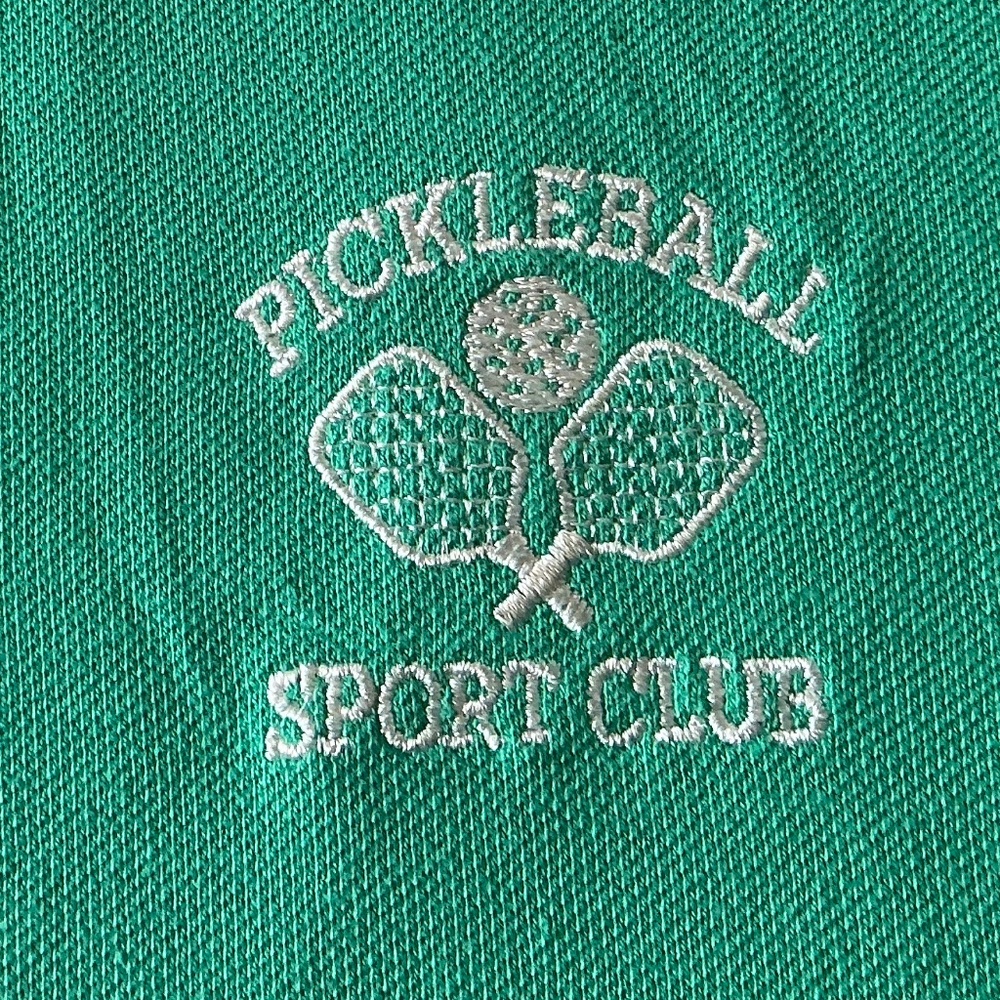 Pickleball Polo Shirt Green With White Collar Trimmed With Blue & Green Stripes